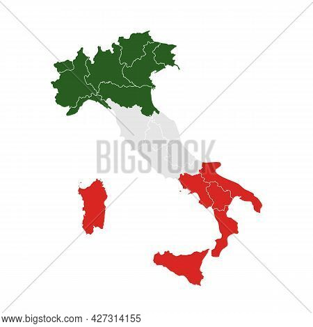 Map And Flag Of Italy Isolated On White Background. Regions Map Of Italy. Vector Stock