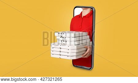Delivery Man Giving Stach Of Pizzas From Smartphone Screen, Collage