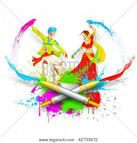 illustration af par leger Holi med farve og pichkari