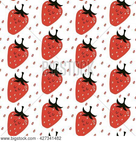 Vector Seamless Pattern With Cartoon Strawberries. It Can Be Used As Wallpaper, Poster, Print For Cl