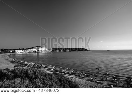 Rocky Cliff At Gerakas Beach On Zakynthos Island In Greece, Monochrome