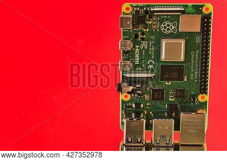 Dublin, Ireland - April 17: Beautiful Closeup View Of Raspberry Pi 4 Model B Minicomputer On Reflect