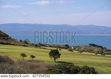 Beautiful Scenic Aerial-like Bright View Of Golf Course With Trees, Irish Sea, Dublin Bay, Poolbeg L