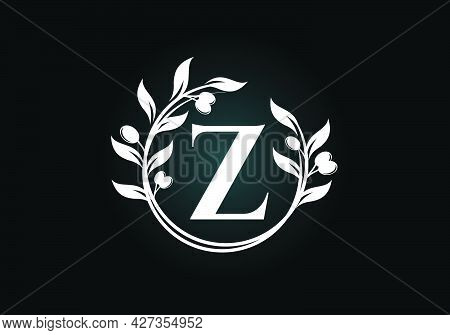 Initial Letter Z Sign Symbol With Olive Branch Wreath. Round Floral Frame Made By The Olive Branch. 