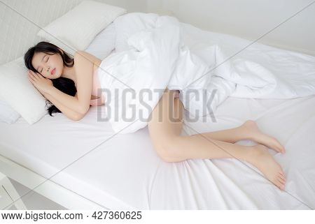 Beautiful Asian Young Woman In Underwear Sleep Lying On Bed With Comfort And Happy Leisure At Bedroo
