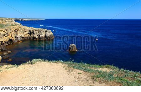 Tarhankut Cape, Crimea Peninsula. Summer Seascape, Famous Travel Destination. Beautiful Sea Coast Wi