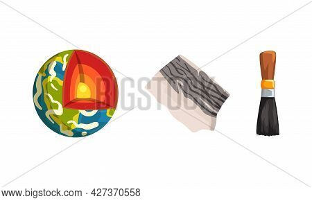 Geological Mining Industry Symbols Set, Earth Structure With Layers Cartoon Vector Illustration