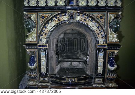 Old fireplace decoration.Legendary Baron's house. Historical building of 19 c. in Kiev, Ukraine July 18,2021