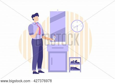 Man Is Going To Work. Male Character Gets Dressed For Trip To Office In Front Of Mirror. Perfume In 