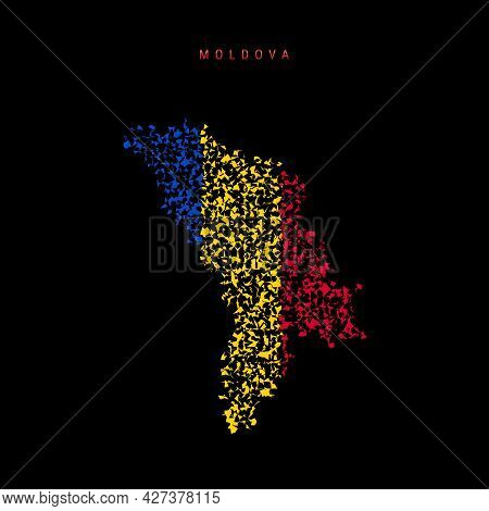 Moldova Flag Map, Chaotic Particles Pattern In The Colors Of The Moldavian Flag. Vector Illustration