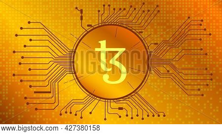 Tezos Xtz Cryptocurrency Token Symbol In Circle With Pcb Tracks On Gold Background. Currency Coin Ic