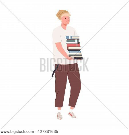 Student Walking With Stack Of Books In Hands. Young Man Carrying Pile Of Textbooks From Library. Guy