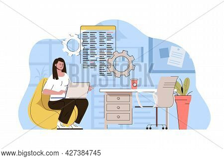 Creative Workspace Concept. Woman Developer Working On Laptop In Comfortable Office Situation. Cowor