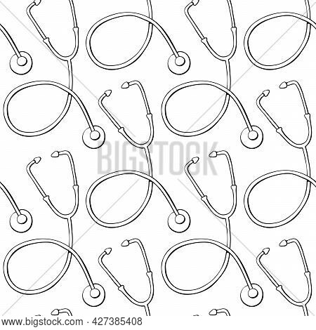 Vector Seamless Pattern With Outline Stethoscopes In Doodle Style. Medical Backgrounds And Textures.