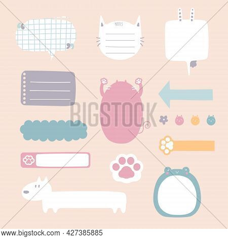 Set Of Cute Hand Drawn, Doodle Blank Sticky Note Pad With Icon, Tape, Speech Bubble Balloon Think, S