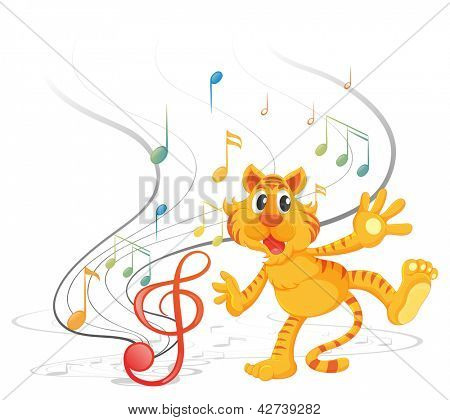 Illustratie van een tijger met muzikale noten op een witte achtergrond