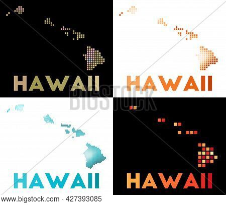 Hawaii Map. Collection Of Map Of Hawaii In Dotted Style. Borders Of The Island Filled With Rectangle