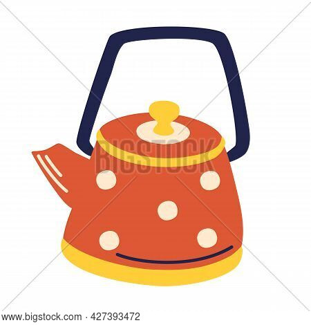 Vintage Red Teapot With Polka Dots. Kitchen Kettle. Trendy Flat Vector Concept Of Steaming Boiling K