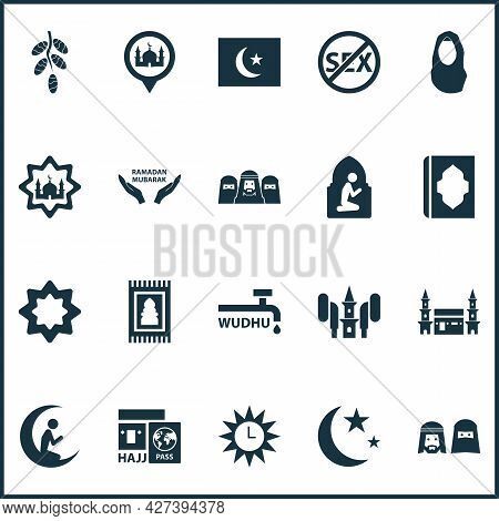 Ramadan Icons Set With People, Prayer, Azan And Other Hejaz Elements. Isolated Illustration Ramadan 