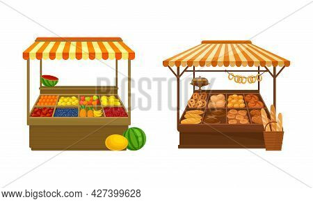 Street Market Stall And Stand With Awning And Various Products Like Fruit And Bread Vector Set