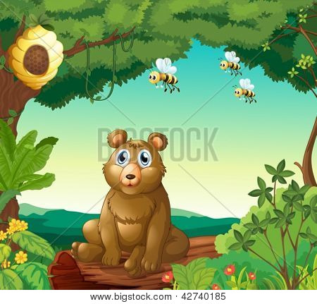 Illustration av en björn och tre bin i skogen