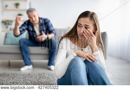 Mature Man Abusing His Depressed Wife, Shouting, Humiliating And Threatening Her, Middle Aged Woman 