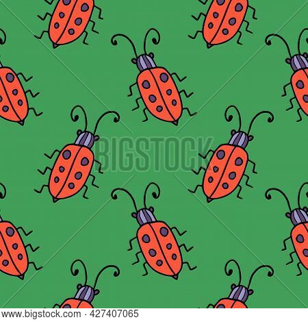Seamless Pattern With Cute Cartoon Doodle Linear Bug Isolated On Background.