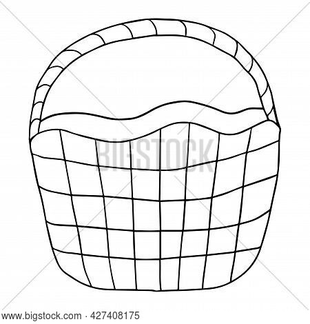 Cartoon Doodle Linear Basket Isolated On White Background. Picnic Hand Drawn Pottle.