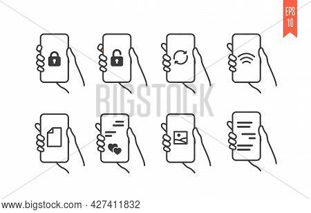 Set Of Mobile Phone Icons With Different Types Of Information On The Screen. Line Art Vector Symbols
