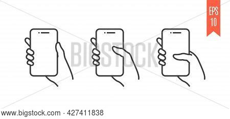 Symbols Of Mobile Phone With Hand On White Background. Swipe Down Symbols For A Smartphone. Set Of I
