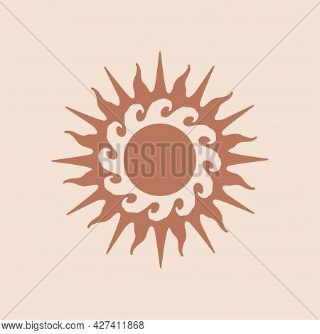 Abstract Beige Sun With Waves. Boho, Retro Symbol In Minimal Style. Design Element Perfect For Organ