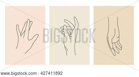A Collection Of Realistic Female Hands. Vector Hand Gesture Icons On Pastel Backgrounds. Set Of Eleg