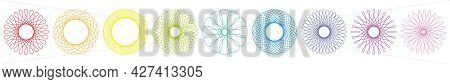 Spirograph Graphic Flowers, Colorful Different Geometric Circular Patterns. Isolated Vector Illustra