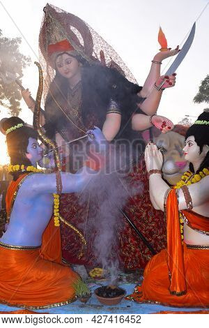 Background Durga Puja Festival And Tableau. Sculpture Of Hindu Goddess Durga