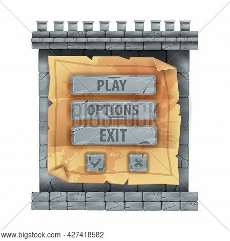 Stone Castle Game Interface Menu Sign Board, Cracked Rock Button, Gray Brick Wall Panel Isolated On 