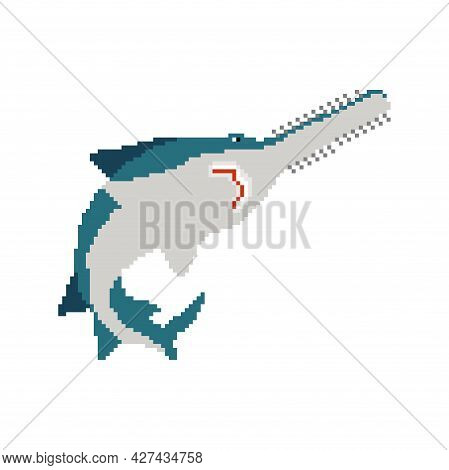 Sawfish Pixel Art. 8 Bit Marine Predator Saw Fish. Vector Illustration