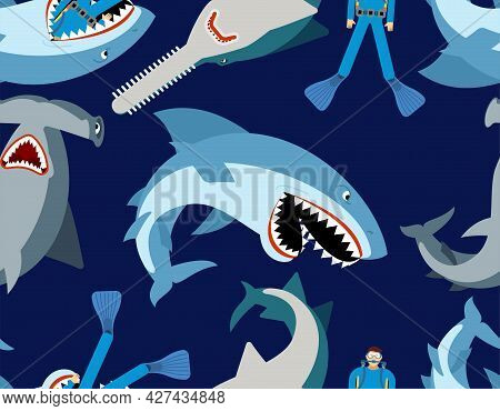 Shark And Diver Pattern Seamless. Hammerhead Shark And Frogman Background. Marine Predator Texture