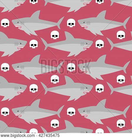Shark And Skeleton Diver Pattern Seamless. Marine Predator Ate Frogman Background. Diver's Death Tex