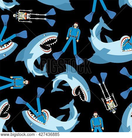 Shark And Diver Pattern Seamless. Hammerhead Shark And Frogman Background. Marine Predator Texture