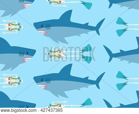 Shark And Skeleton Diver Pattern Seamless. Marine Predator Ate Frogman Background. Diver's Death Tex