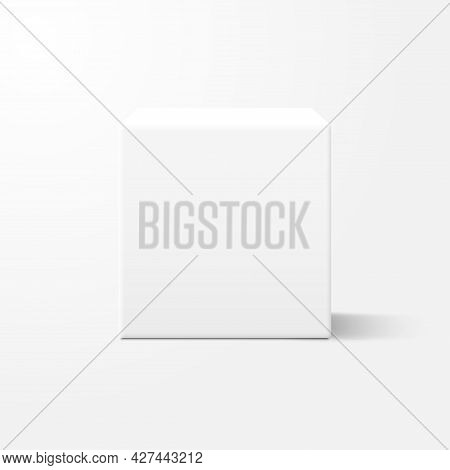 Realistic White Cube Box With Shadow. Mockup Template Design For Presentation, Advertising. Blank Ca