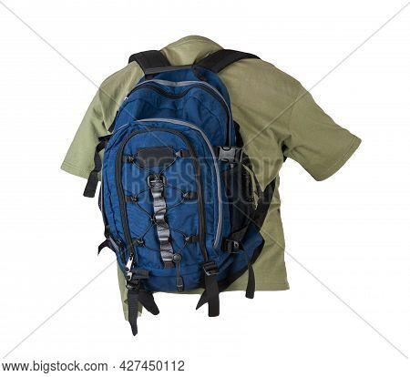 Dark Blue Backpack Dressed For Olive T-shirt Isolated On A White Background.