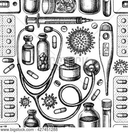 Seamless Pattern With Black And White Vial Of Blood, Pills And Medicines, Medical Thermometer, Coron