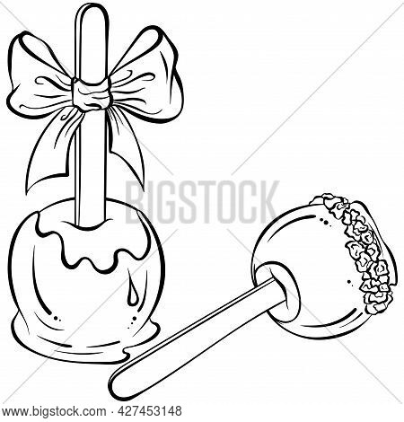 Vector Hand Drawn Apples In Caramel Or Toffee. Halloween Sweets For Street Food Cafe. Illustration I