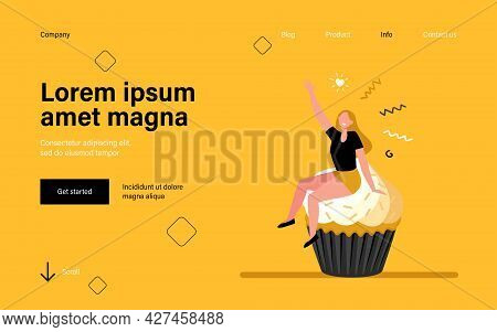 Happy Woman Enjoying Dessert. Cheerful Girl Sitting On Cupcake Flat Vector Illustration. Bakery, Pas