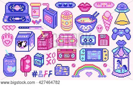 Pixel Art 8 Bit Objects. Retro Digital Game Assets. Set Of Pink Fashion Icons. Vintage Girly Sticker