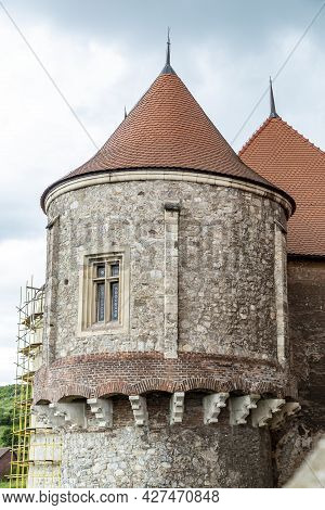 Hunedoara, Transylvania, Romania -  May 31, 2021:  One Of The Towers Of The Hunedoara Castle, Also K