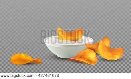 Potato Chips Snack With Mayonnaise Sauce Vector. Tasty Crunchy Chips Slices Dipping In Delicacy Crea