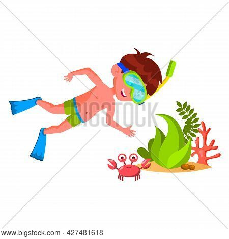 Boy Kid Swim And Research Underwater World Vector. Caucasian Preteen Child Diver Swimming With Facia