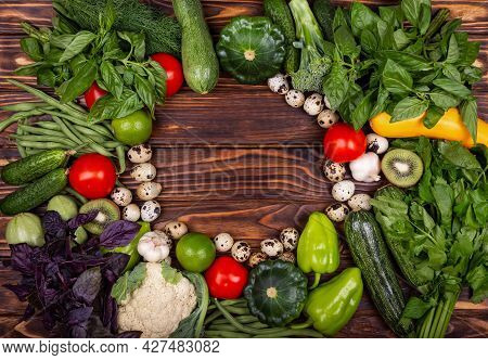 Healthy Clean Eating Layout, Vegetarian Food And Diet Nutrition Concept. Flay Lay Fresh Uncooked Veg